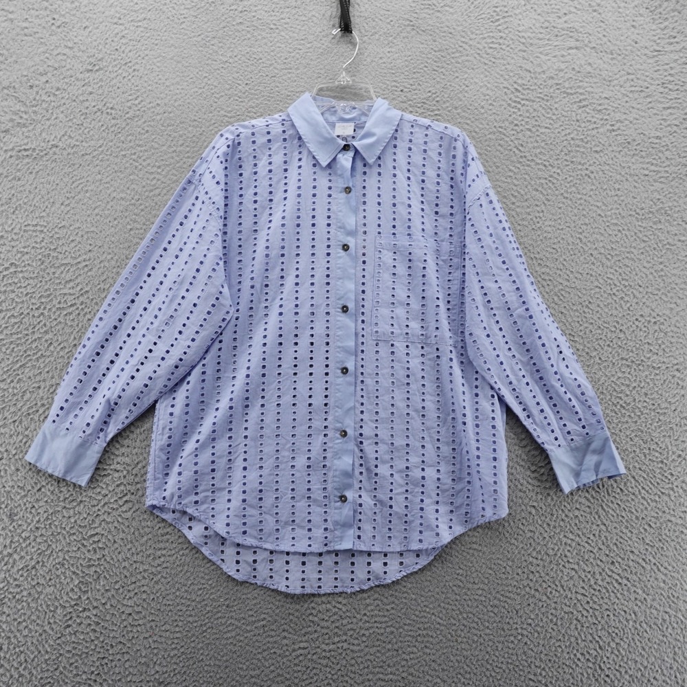 CALIA Womens Oversized Cover Up Eyelet Button Down‎ Shirt Blue Small NEW